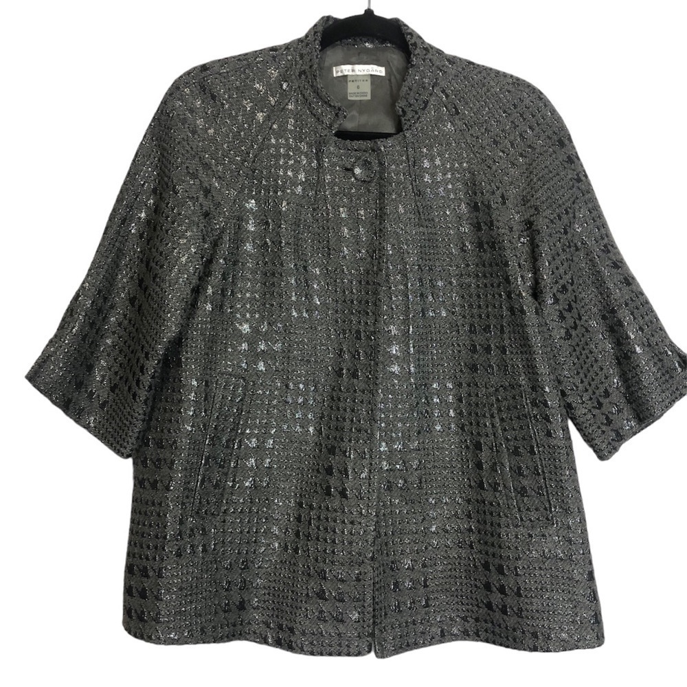 Peter Nygard Wool Metallic Houndstooth Jacquard Cape Jacket, size 6P